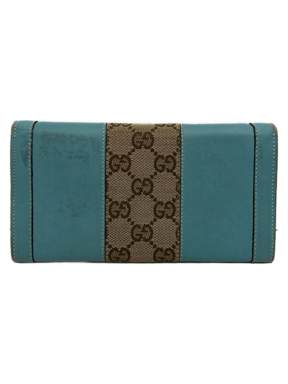 Gucci Wallet GG Pattern Light Blue Beige Dark Brown Leather - Picture 2 of 7